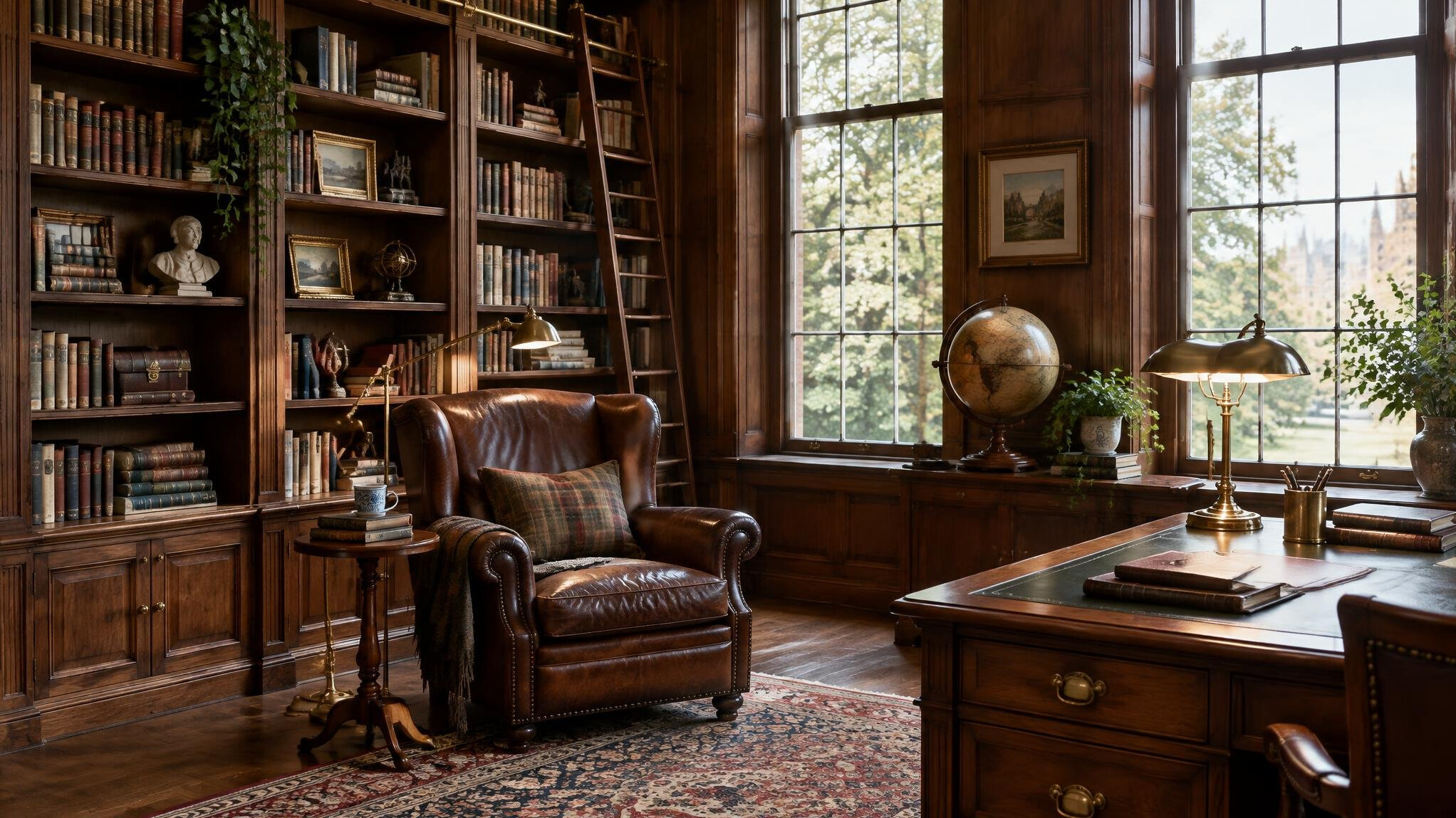 Elegant home library and office with wooden shelving and reading chair