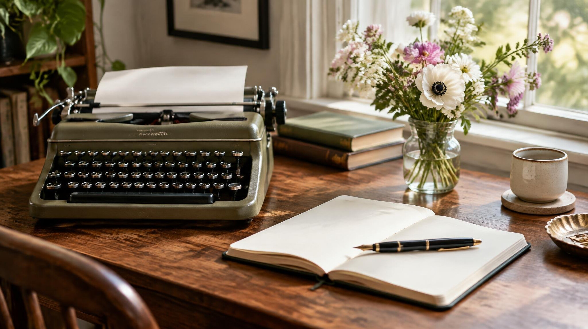Stylish editorial desk with typewriter, notebook and fresh flowers
